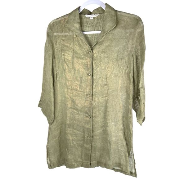 Connie Roberson women’s XS linen green gold Sheer button down tunic Shirt - Picture 1 of 7
